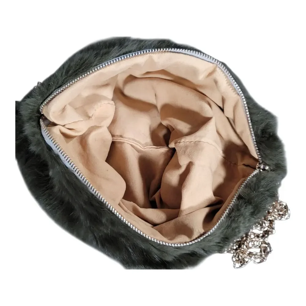 Faux Fur Shoulder Crossbody Bag with Gold Tone Chain Strap Winter Cozy Green‎